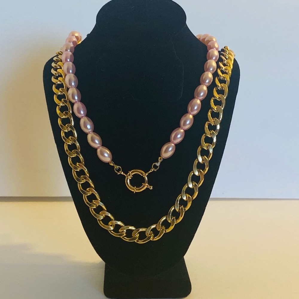 Necklace two layers pink and gold